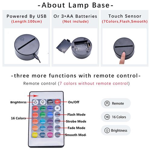 Remote Controlled LED Lamp Base 16 Light Colors for 3D Lamp
