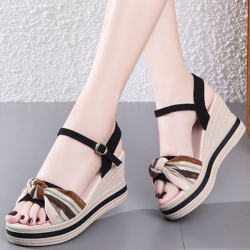 Flangesio Summer Holiday Wedge Sandals Women Shoes Bohemian Style Elegant  Platform Sandals Beach Shoes Buckle Strap Open Toe Sexy Ladies Shoes Woman  Luxury Suede Leather Party Footwear Black @ Best Price Online