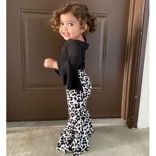 Cotton Baby Girl Leopard Print Bell-bottomed Flared Pants And Stretchy  Cotton Black Top @ Best Price Online