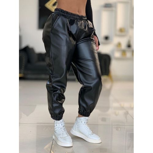 Fashion (Black 2)Women Faux Leather Cargo Pants Jogger Thick Tummy