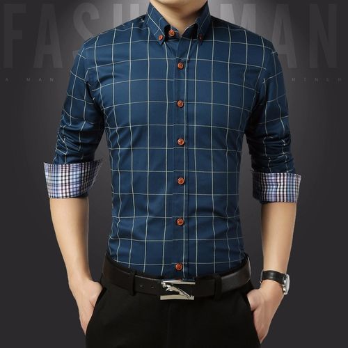 Tauntte Cotton Slim Fit Check Shirts Men Plaid Business Formal Shirts ...