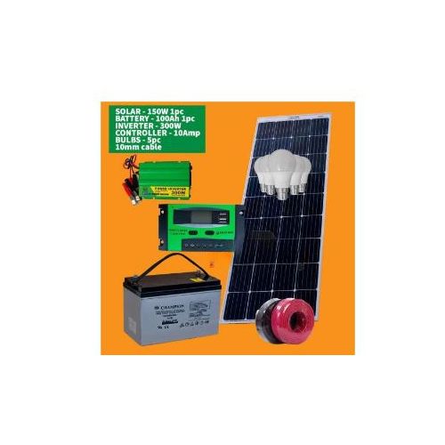 product_image_name-Sunlight Solar-150 Watts Solar Panel +100Ah Solar Battery +300W Solar Power Inverter + 10Ah Solar Charge Controller  + 5DC Bulb + 10m Cable-1