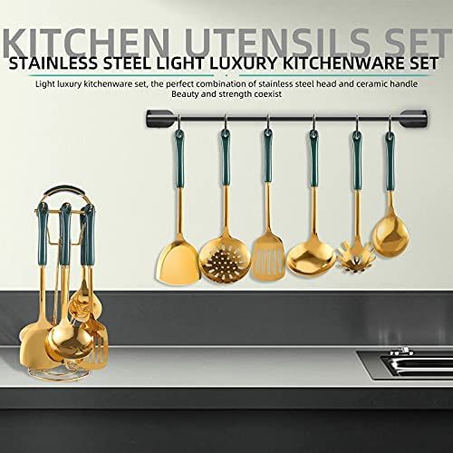 White and Light Gold Kitchen Utensils Set with Holder