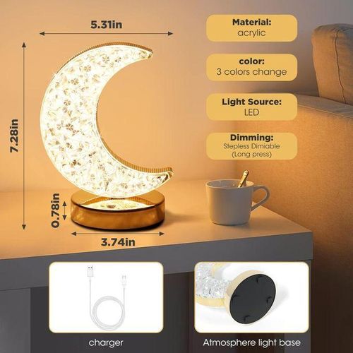 product_image_name-Generic-LED Crystal Moon Lamp - Decorative Ramadan Moon Night Light with Wooden Base & USB Touch Control-2