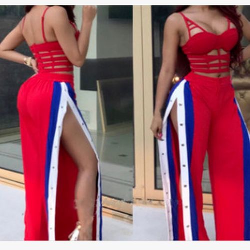Fashion (Red)Fashion Women's Multi-button Tight-fitting Side Slits High- waist Loose Casual Wide-leg Pants Trousers Club Suit Streetwear Women DOU @  Best Price Online