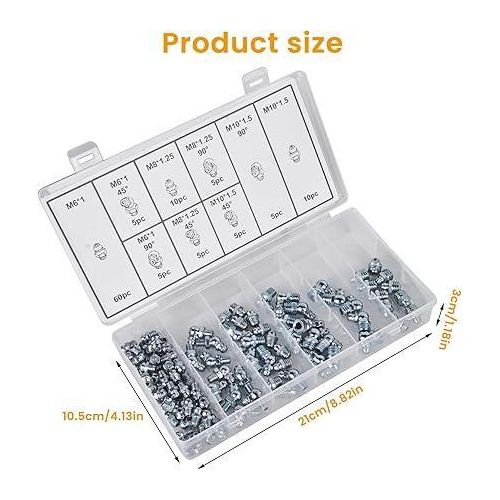 Grease Nipple Assortment Kit 110 Pieces, Grease Nipple Taper Grease Nipple Assortment Grease Nipple Set M6 M8 M10 Straight and Angled 45° 90° Cone Lubrication Nipple with Storage Box