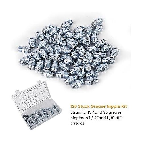 Grease Nipple Assortment Kit 110 Pieces, Grease Nipple Taper Grease Nipple Assortment Grease Nipple Set M6 M8 M10 Straight and Angled 45° 90° Cone Lubrication Nipple with Storage Box