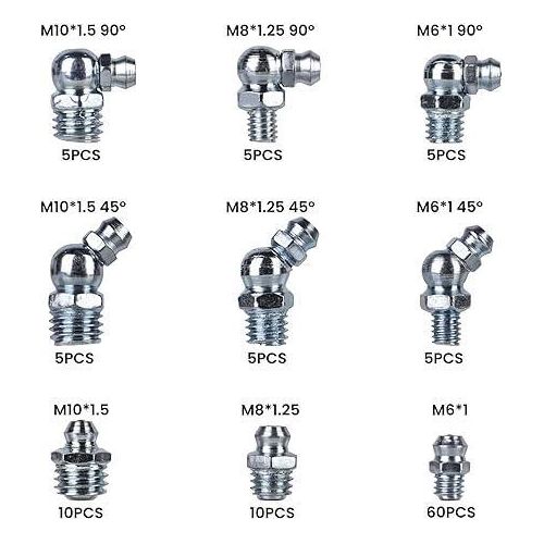 Grease Nipple Assortment Kit 110 Pieces, Grease Nipple Taper Grease Nipple Assortment Grease Nipple Set M6 M8 M10 Straight and Angled 45° 90° Cone Lubrication Nipple with Storage Box