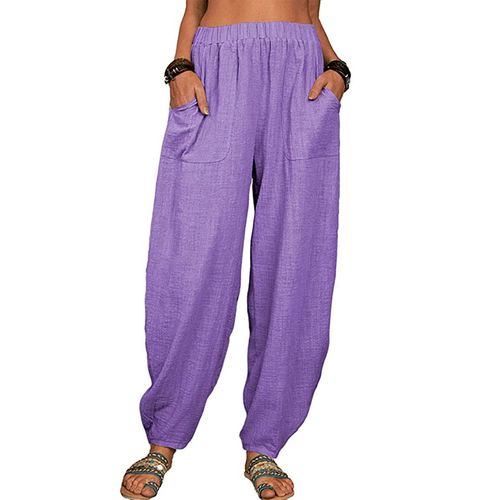 Fashion (Purple Linen Pant)Cotton Linen Vintage Boho Beach