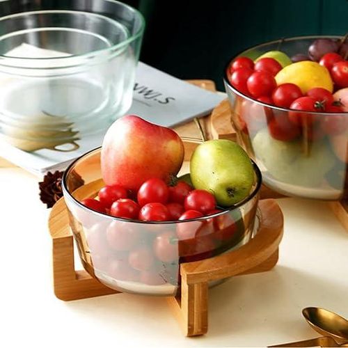 Glass salad bowl with wooden stand online