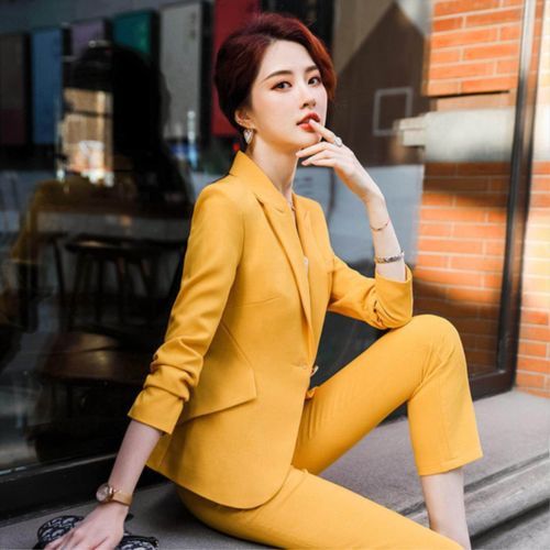 New High Quality Yellow Fashion Business Woman Suits With Pant Two Piece Set