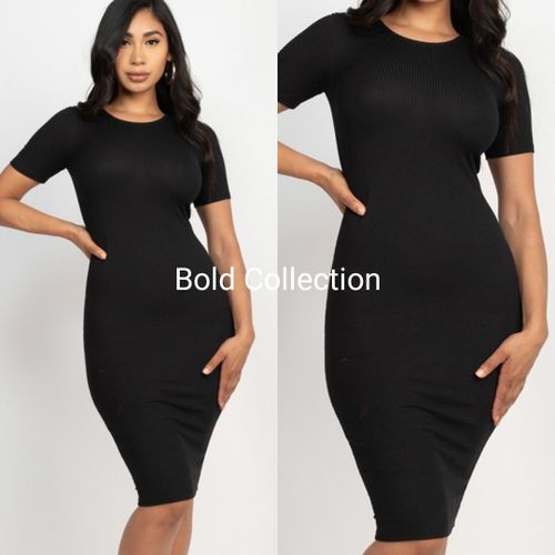 Fashion Black Cotton Kneelength Ribbed Bodycon Dress @ Best Price