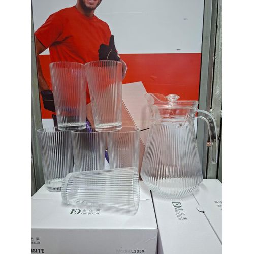 product_image_name-Generic-Glass Water Jug Set With 6 Cups – Ribbed Design Pitcher Set-1