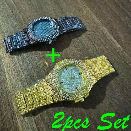 product_image_name-Sekou-2pcs Black & Gold Iced Set of Watches - Quartz Luxury Dial Diamond-Like Crystals Round Dial Studded-1