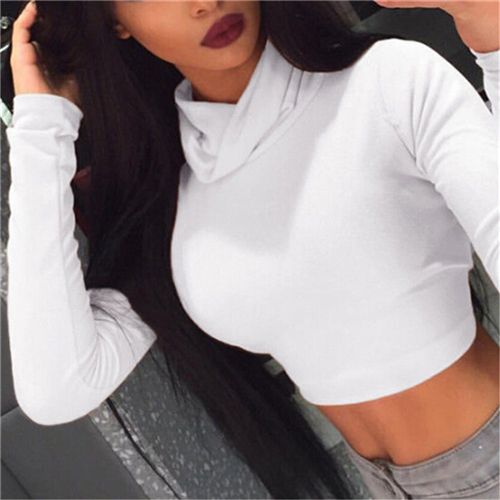 White High Neck Long Sleeve Crop Top, Tops