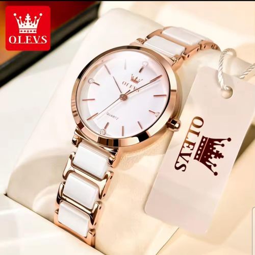 product_image_name-Olevs-5877 Ceramic Ladies Wrist Watch -White & Gold-1