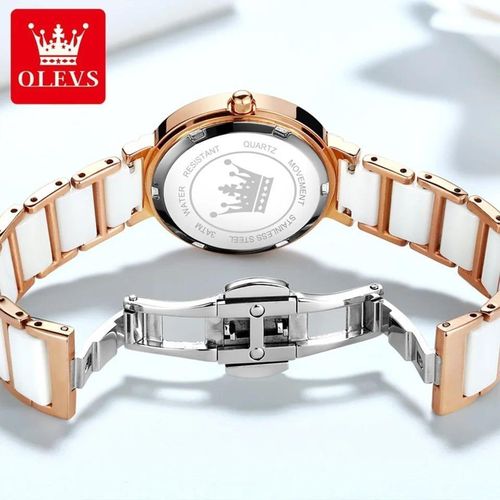product_image_name-Olevs-5877 Ceramic Ladies Wrist Watch -White & Gold-5