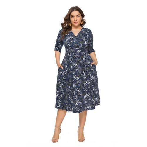 Fashion ble Plus Size Women Dresses Elegant V Collar flower midi dinner ...