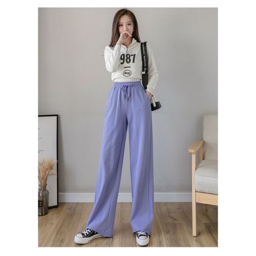 UHUYA Womens Baggy Sweatpants Fashion Casual Solid Elastic Waist Trousers  Long Straight Pants Purple S US:4 