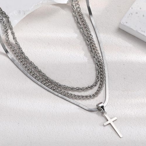 product_image_name-Homarom-Hip-Hop Cross Pendant Set with Twisted Chain, Snake Chain, Fashionable Triple-Layer Necklace-4