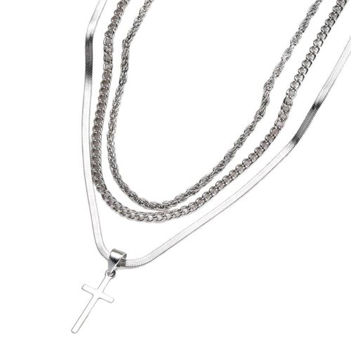 product_image_name-Homarom-Hip-Hop Cross Pendant Set with Twisted Chain, Snake Chain, Fashionable Triple-Layer Necklace-5
