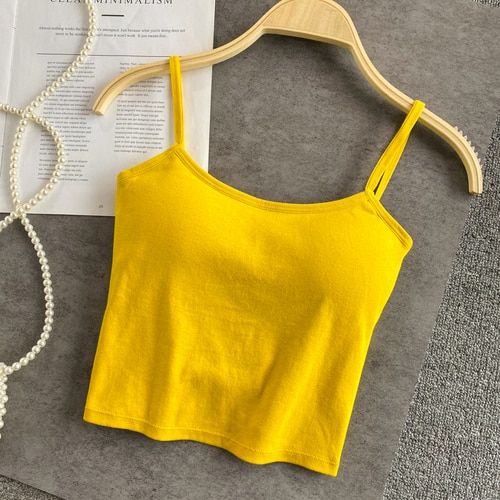 Generic Summer Crop Tops Sexy Spaghetti Strap Tanke Top Women Built In Bra  Off Shoulder Solid Color Sleeveless Ins(#yellow) @ Best Price Online