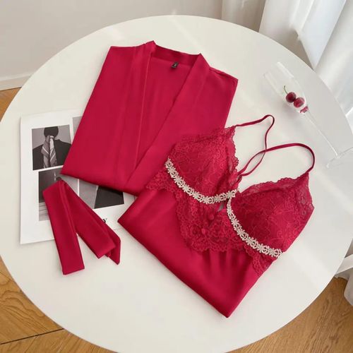 product_image_name-Fashion-Red Wine Lace-Trimmed Nightwear Set – Elegant Sleepwear Duo, Sizes XL to 3XL-2