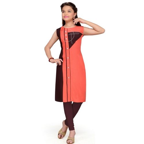 Ceemee Orange Cotton Dress Top(Kurti) With Brown Leggings @ Best