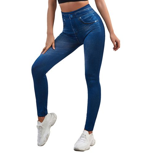 Generic Women Jeggings Faux Denim Jeans Leggings High Waisted Tummy Control  Slim Leggins Printed Pencil Pants Seamless Skinny Trousers(#Blue) @ Best  Price Online