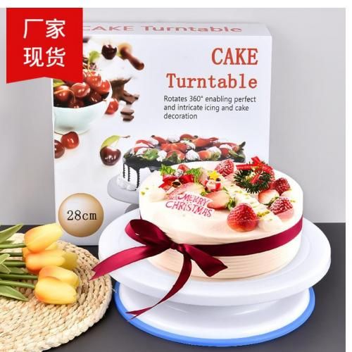 Cake Turntable Revolving Cake Decorating Stand & Cake Scraper Fondant Set,  28 cm, White (Combo Pack)