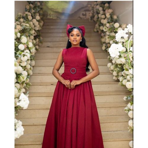 product_image_name-Fashion-Ladies Fancy Sleeveless Maxi Dress with a belt-Maroon-1