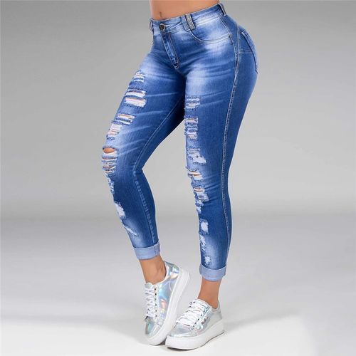 Fashion Women Ripped Holes Capri-pants Pencil High Waist Pants Skinny  Trousers