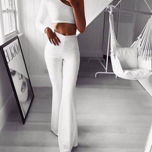 Sport Fashion (white)High Waist Flare Pants Women Office Ladies Elegant  Long Pant Solid Wide Leg Bell-Bottom Trousers WEF @ Best Price Online