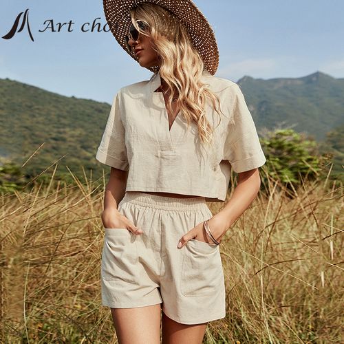 Fashion Sexy Fashion Khaki Women's Set Summer Casual Two Piece Set Short  Sleeve Tops Shirt And Loose Beach Pants Set Bottom Suit Outfits JIN @ Best  Price Online