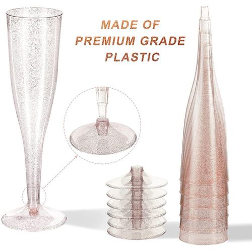 Rose Gold Plastic Champagne Flutes Disposable - Rose Gold Glitter