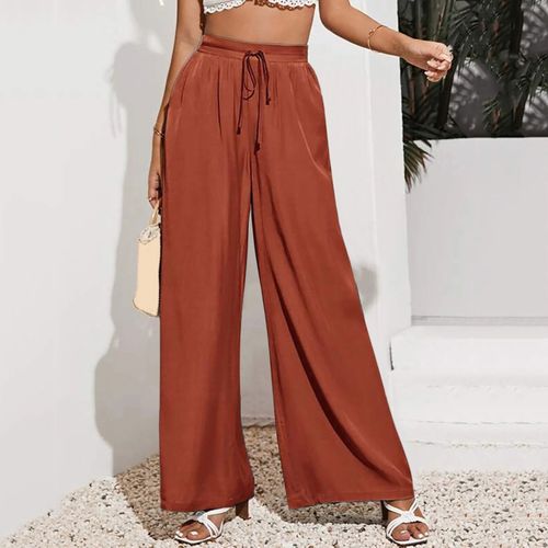 Women Drawstring Elastic Waist Straight Leg Pants Casual Trousers Solid  Loose Bottoms