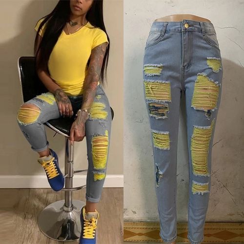Sport Fashion light Blue Green 2022 New Ripped Jeans For Women Yellow Scratch Denim Pencil Pants High Waisted Stretch Skinny Hollow Out Female Jeans Mujer ACU Best Price Online Jumia Kenya