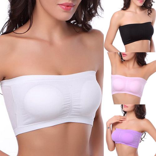 Fashion Women Solid Color Padded Tube Top Bandeau Strapless-Black