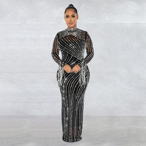 Fashion Black-CM.YAYA Women Mesh Tassel Long Sleeve Diamonds Hot  Rhinestones Bodycon Midi Maxi Long Dress @ Best Price Online