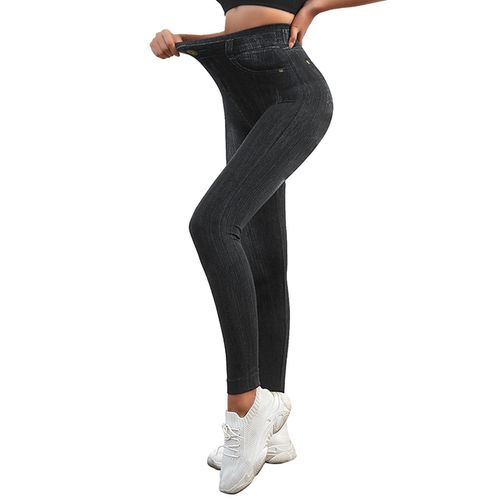 Generic Women Jeggings Faux Denim Jeans Leggings High Waisted Tummy Control  Slim Leggins Printed Pencil Pants Seamless Skinny Trousers(#Black) @ Best  Price Online