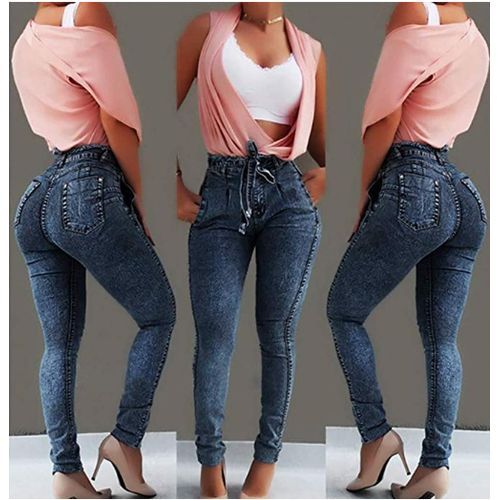 Fashion Dark Blue High Waist Jeans, Elastic Slim Fit Ladies Pants ...