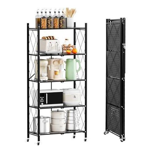 product_image_name-Generic- Foldable Multipurpose Storage Rack with Wheels, Heavy Duty Metal Shelving Unit for Kitchen, Garage, and Laundry Room-2