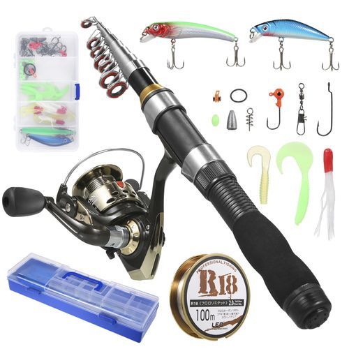 Fishing Rod Reel Combo Full Kit 1.5m Telescopic Fishing Rod Spinning Reel  Set With Hooks Soft Lures Barrel Swivels Storage Bag