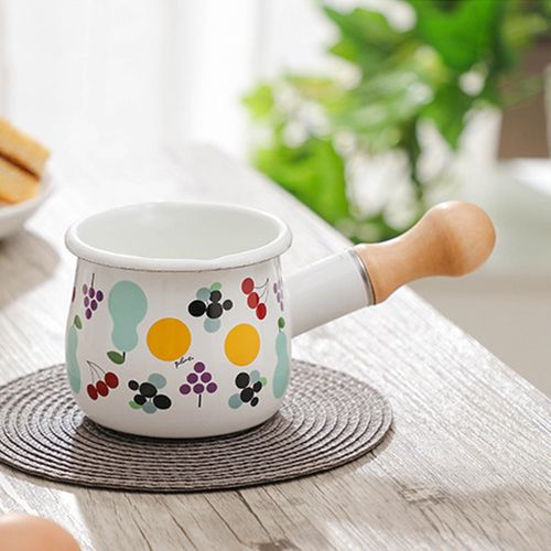 550ml Small Enamel Milk Cooking Sauce Pot Wooden Handle Cookware White, Size: As described