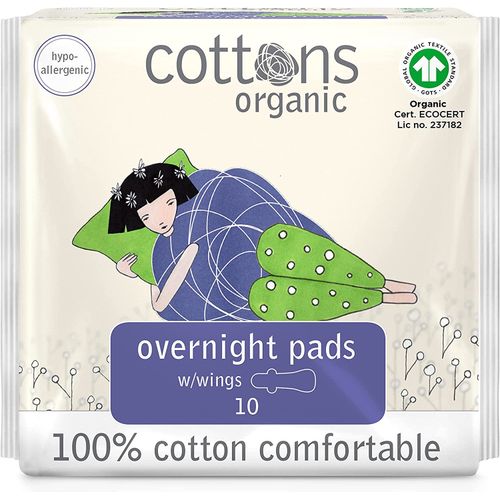 Cotton ORGANIC 100% NATURAL OVERNIGHT PADS-WINGS 10'S @ Best Price Online