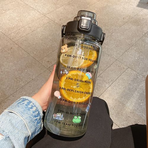 2 Liter Water Bottle with Straw Female Girls Large Portable Travel Bottles  Sports Fitness Cup Summer Cold Water with Time Scale