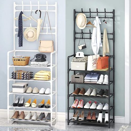 product_image_name-Generic-Multifunctional 5-Tier Shoe Rack Organizer + Coat & Hat Rack with 8 Hooks (White/Black)-1