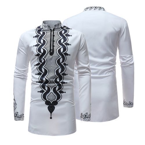 iZHH Mens Dashiki Shirt Autumn Winter Luxury African Print Long Sleeve Top Blouse 