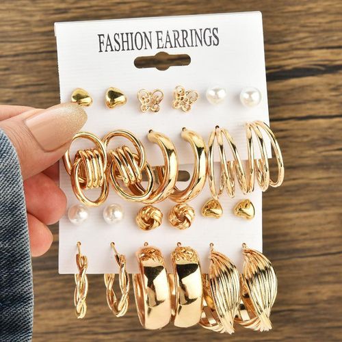 product_image_name-Fashion-Fashionable Minimalist Earrings 12-Piece Set - Gold-1