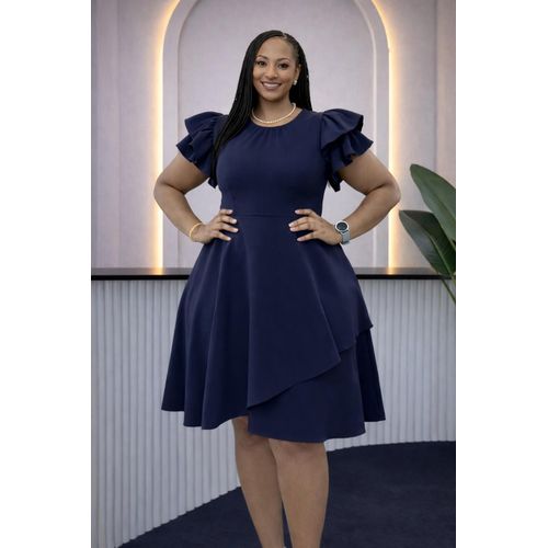 sachin and babi light blue dress Fashion Navy Blue Ruffle Sleeve Fit & Flare Dress